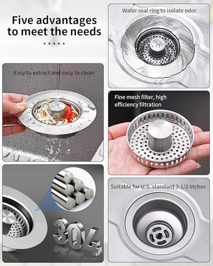 3 in 1 Kitchen Sink Drain Strainer [304 Stainless Steel Pop Up] Anti-Clogging Kitchen Sink Drain Stopper Stainless Steel Efficiently Drainage Odor Filter Sink Plug for Us Standard 3-1/2 Inch