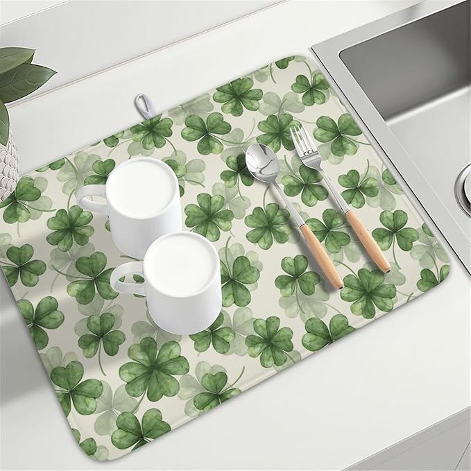 St Patrick's Day Green Clover Dish Drying Mat for Kitchen Counter Spring Holiday Watercolor Lucky Shamrock Drying Mat 18x24 Inch Absorbent Dish Drainer Mat Kitchen Accessories