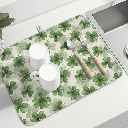 St Patrick's Day Green Clover Dish Drying Mat for Kitchen Counter Spring Holiday Watercolor Lucky Shamrock Drying Mat 18x24 Inch Absorbent Dish Drainer Mat Kitchen Accessories