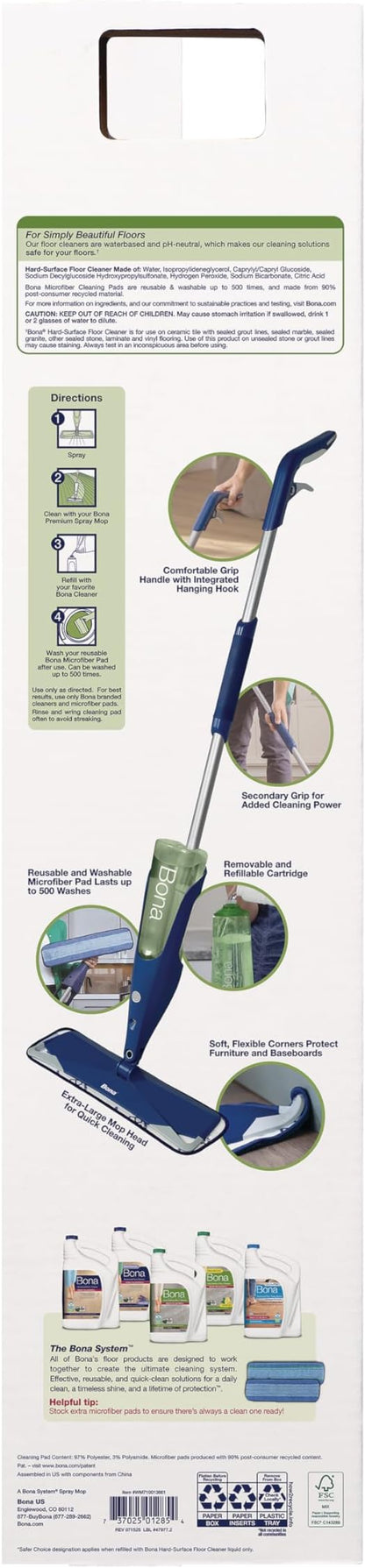 Bona Premium Motion Multi-Surface Floor Spray Mop - Includes Multi-Surface Floor Cleaning Solution and Machine Washable Microfiber Cleaning Pad - for Stone, Tile, Laminate, and Vinyl Floors