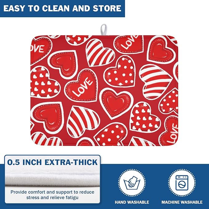 Valentines Day Dish Drying Mat for Kitchen Counter Red Polka Dot Stripe Love Heart Pattern Drying Mat 18x24 Inch Valentines Holiday Absorbent Dish Drainer Mat Kitchen Accessories