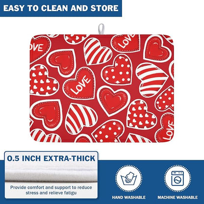 Valentines Day Dish Drying Mat for Kitchen Counter Red Polka Dot Stripe Love Heart Pattern Drying Mat 18x24 Inch Valentines Holiday Absorbent Dish Drainer Mat Kitchen Accessories