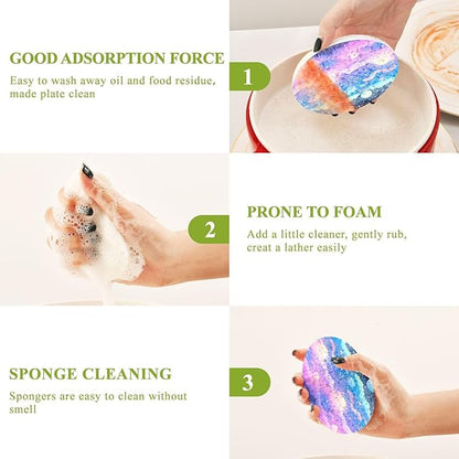 Star Moon Galaxy Kitchen Scrub Sponges, Pop-up Kitchen Cleaning Sponges Reusable Dish Washing Sponges for Bathroom Household Cleaning 3 Pack - Non Scratch Scrubber