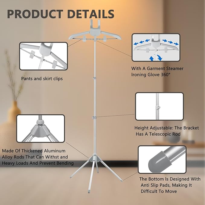 Foldable Clothes Steamer Stand with Adjustable Height–Universal Garment Steamer Rack Compatible with Most Steamers, Portable Hanging Metal Clothes Stand for Graduation Cap Clothing