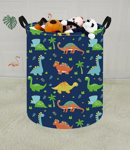 KUNRO Round Dinosaur Laundry Gift Basket Storage Hamper, Clothes Storage Organizer Bins, Shelf Basket with Handles for Room Decor