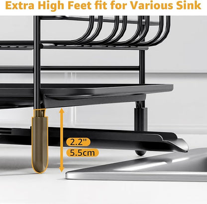 Urackify Large Dish Drying Rack – Expandable Dish Rack for Kitchen Counter, Multifunctional Dish Drainer with Cup & Wine Glass Holder, 16.2"-26" L x 17" W, Black