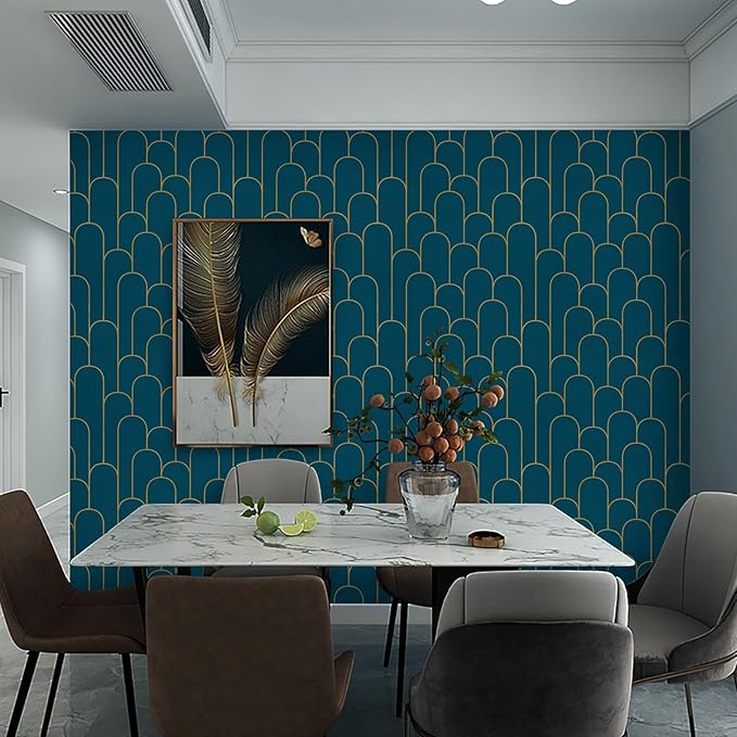 Yasinet Peel and Stick Wallpaper Blue and Gold Wallpaper Blue Geometric Contact Paper Removable Self-Adhesive Stripe Waterproof Wall Paper Decorative for Wall Bedroom Vinyl Film 17.3”x118”