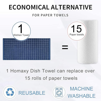 Homaxy 100% Cotton Terry Kitchen Towels(Navy Blue, 13 x 28 inches), Checkered Designed, Soft and Super Absorbent Dish Towels, 24 Pack