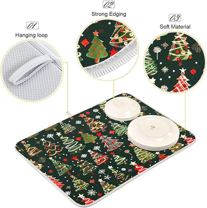 Christmas Tree Green Dish Drying Mat for Kitchen Counter Absorbent Microfiber Drying Pad, Medium 16x18 in