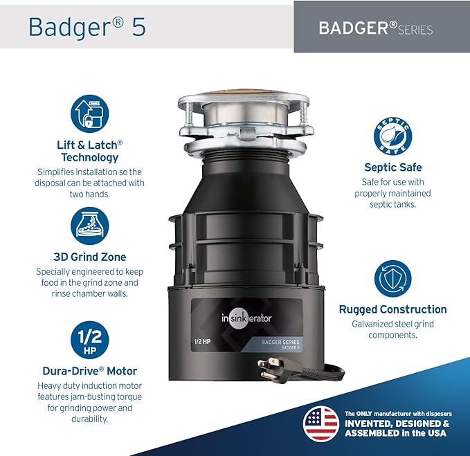 InSinkErator Badger 5 Garbage Disposal with Power Cord, Standard Series 1/2 HP Continuous Feed Food Waste Disposer, Badger 5 W/C, No Size, Black/Gray