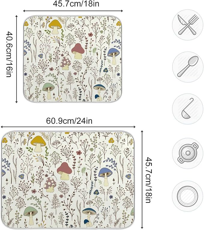 Cute Mushroom Wild Plant Dish Drying Mat for Kitchen Counter Absorbent Microfiber Drying Pad, Large 18x24 in, Reversible Drainer Mats