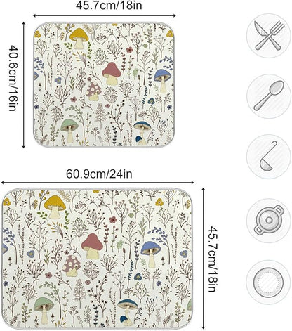 Cute Mushroom Wild Plant Dish Drying Mat for Kitchen Counter Absorbent Microfiber Drying Pad, Medium 16x18 in, Reversible Drainer Mats
