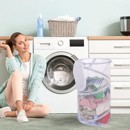 BATTOO 2 Pack Collapsible Laundry Basket with Lid Foldable Mesh Pop Up Hamper with Handles for Laundry Room, Bathroom, Kids Room, College Dorm, Travel, Storage Organizer Black+White