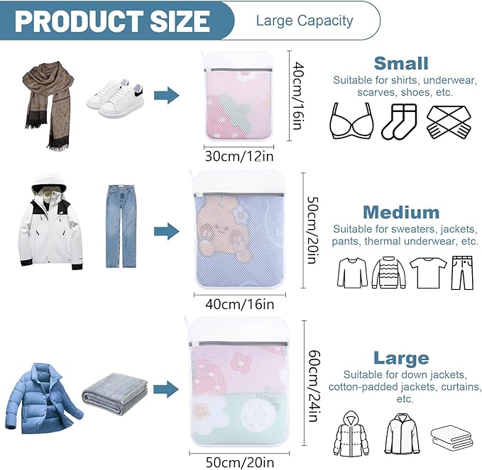 Dntorx 3 PCS Durable Honeycomb Mesh Laundry Bags for Delicates with Zipper, Reusable Laundry Bag Mesh Wash Bags for Washing Machine for Clothes, Shoes, Socks, Underwear, Bra (M + L + XL, White)