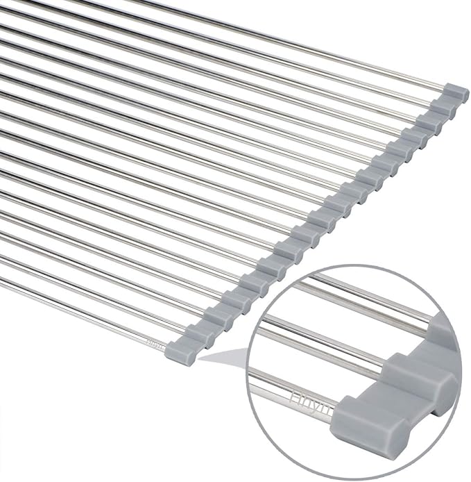 Hhyn Roll Up Dish Drying Rack 20.5"(L) x 13.8"(W) - Stainless Steel and Silicone Dish Drying Mat Over The Sink Foldable Drain Rack Multipurpose Dish Drainer Extra Large, Gray