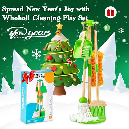WHOHOLL Wooden Kids Cleaning Set Toddler Broom Set for Housekeeping 8 Pcs Broom and Mop Set for Toddlers 3-6, Cleaning Toys with Dustpan Sponge, Christmas Birthday Gifts for Boys Girls (Green)