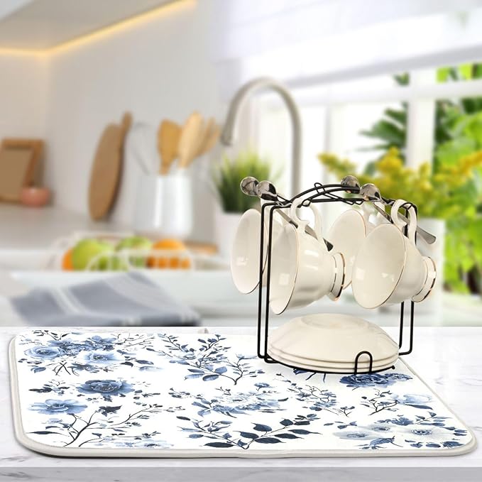Blue White Porcelain Flower Dish Drying Mat for Kitchen Counter Absorbent Microfiber Drying Pad, Medium 16x18 in
