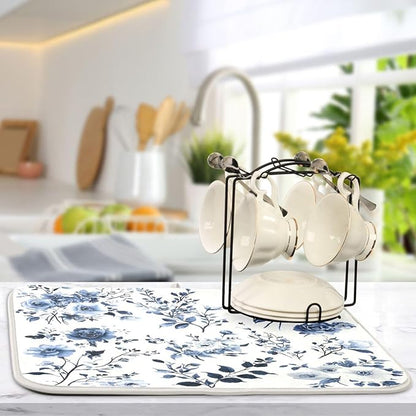 Blue White Porcelain Flower Dish Drying Mat for Kitchen Counter Absorbent Microfiber Drying Pad, Medium 16x18 in