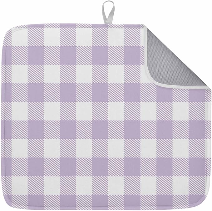 Dish Drying Mat Lavender Buffalo Check Plaid Drying Mats for Kitchen Counter Farmhouse Style Absorbent Microfiber Dish Drainer Quick Drying Coffee Mat with Hanging Loop, 16 x18 inch