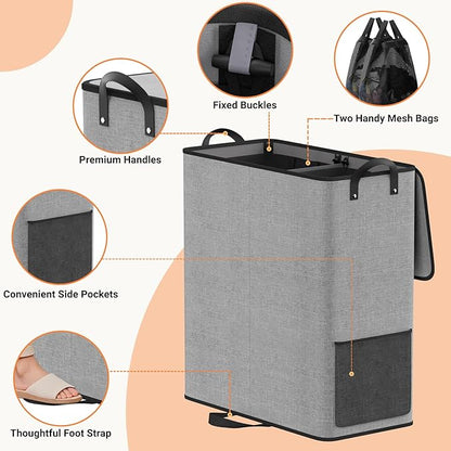 Large Double Laundry Hamper with Lid, Removable Bags & Reinforced Handles, 2 Section Tall Laundry Basket, Dirty Clothes Hampers for Laundry Room, Bedroom, Bathroom, Dorm, 155L, Gray