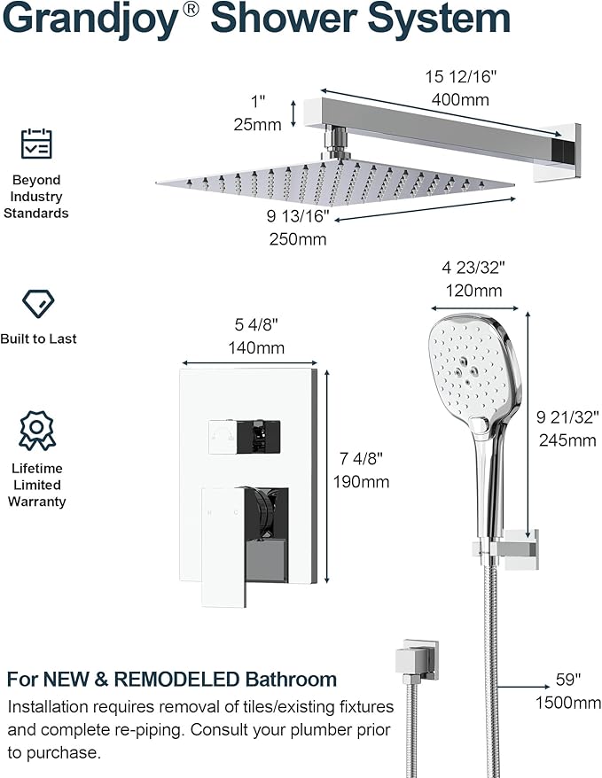 Double Handle High Pressure 3 Spray Shower Faucet Set with Valve 10 Inch Wall Mount Chrome