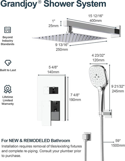 Double Handle High Pressure 3 Spray Shower Faucet Set with Valve 10 Inch Wall Mount Chrome