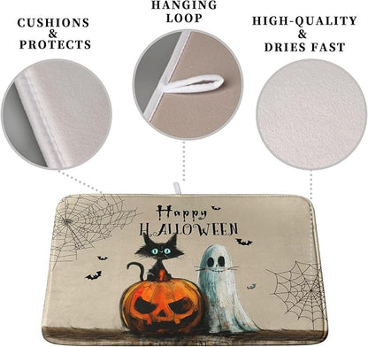 Happy Halloween Dish Drying Mat for Dishs 18x24 Inch Halloween Pumpkin Ghost Black Cat Kitchen Drying Mat Spooky Spiderweb Holiday Dish Drainer Mat Super Absorbent Dish Rack Pad for Coffee Bar Sinks