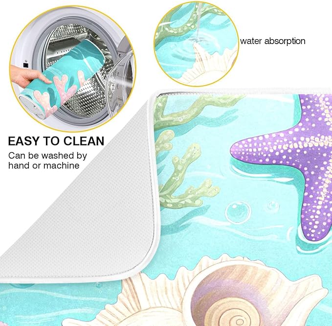 Coral Sea Shells Stars Pattern Dish Drying Mat for Kitchen Counter Super Absorbent Drying Mat 16x18 inch Large Dish Drying Matts for Countertop Protector Dishes Pad