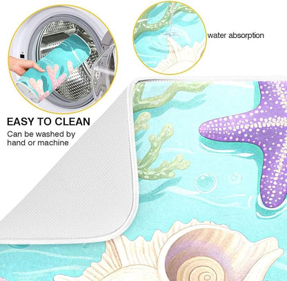 Coral Sea Shells Stars Pattern Dish Drying Mat for Kitchen Counter Super Absorbent Drying Mat 16x18 inch Large Dish Drying Matts for Countertop Protector Dishes Pad