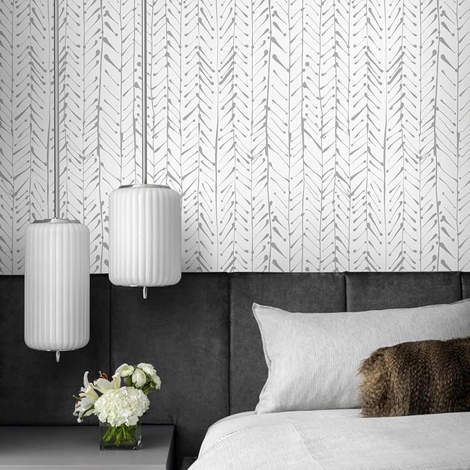 Guvana 16.14"x197" Herringbone Striped Wallpaper Grey and White Modern Contact Paper Self Adhesive Wall Paper Waterproof Removable Wallpaper for Livingroom Bathroom Decor