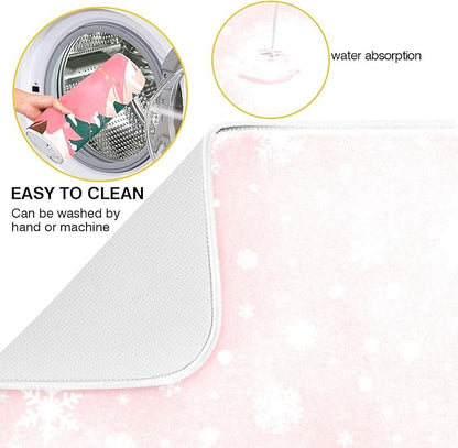 Christmas Tree Pink Dish Drying Mat for Kitchen Countertop 16x18 Winter Snowflake White Xmas Small Drying Mat Reusable Quick Dry Dish Sink Mats Easy Clean Decorative Essentials