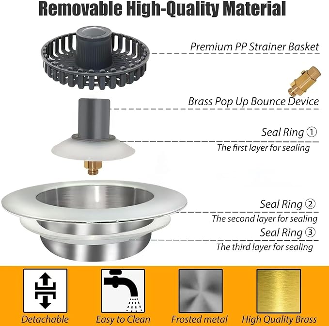 Anlige Kitchen Sink Drain Strainer, 3 in 1 Pop Up Kitchen Sink Stopper, with an Extra Basket Strainer, Universal for US Standard 3-1/2 Inch, Chrome Silver