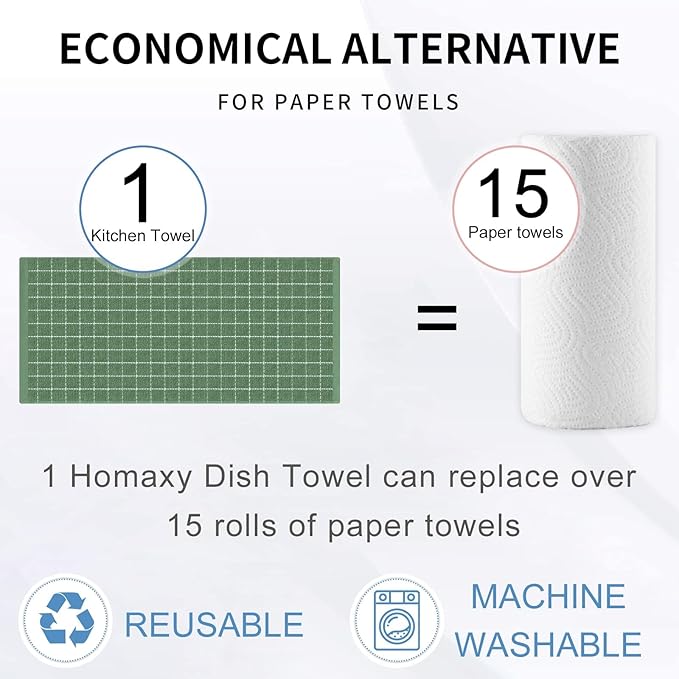 Homaxy 100% Cotton Terry Kitchen Towels(Grass Green, 13 x 28 inches), Checkered Designed, Soft and Super Absorbent Dish Towels, 24 Pack