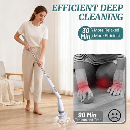 Electric Spin Scrubber, IPX7 Waterproof Shower Cleaning Brush with 8 Replaceable Brush Heads, Extendable Long Handle and 2 Adjustable Speeds Tools White