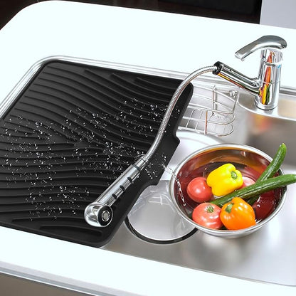 Teenyyou Extra Large Silicone Dish Drying Mat For Kitchen Counter Drying Pad 23.6 x 19 Inch Rubber Dish Drainer Mat with Drain Lip for Sink Drawer Liner(Black)