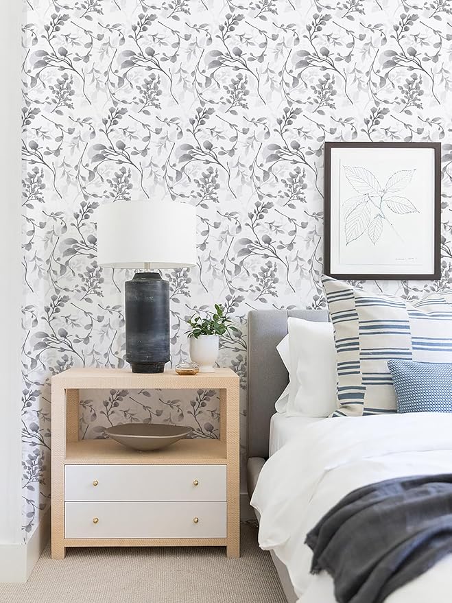 Orainege Gray Floral Wallpaper Peel and Stick Wallpaper 17.7 in ×118.1 in Self Adhesive Floral Contact Paper Waterproof Removable Wall Paper for Bedroom Bathroom Cabinets Decor