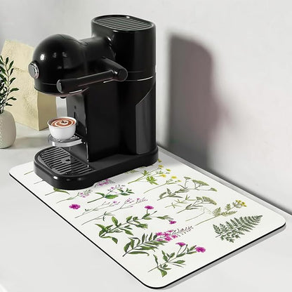 Bloss Kitchen Mat, Coffee Mat 12"x19", Coffee Bar/Maker Mat, Kitchen Counter Mats, Absorbent Hide Stain Rubber Backed Dish Drying Pad(, Flowers and Leaves)