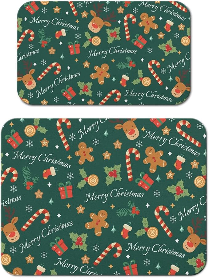 Christmas Dish Drying Mat for Kitchen Counter 2 Pack with Non-Slip Rubber Backing - Absorbent Coffee Bar Mat, Dish Rack Mat, Christmas Gingerbread Man Candy Cane Dish Drying Mats 18x24+19.5x12 inch