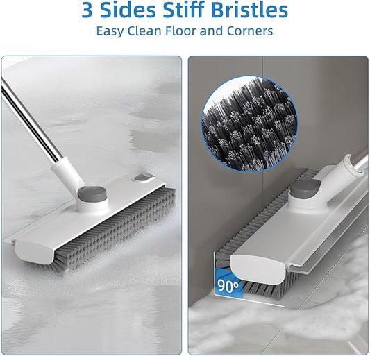 Scrub Brush with Long Handle, Floor Scrub Brush Squeegee Broom for Cleaning, 3 in 1 Shower Scrubber Floor Broom Squeegee for Concrete Tile Wall Deck Patio White