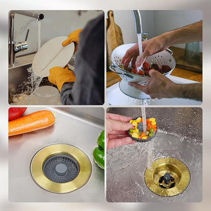 Hibbent 2 Pack Upgraded 3 in 1 Kitchen Sink Drain Strainer and Stopper Combo, Stainless Steel Metal Pop Up Sink Stopper, Anti-Clogging Basket Strainer for US Standard 3-1/2 Inch Drain, Brushed Gold