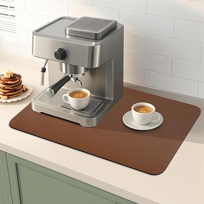 Dish Drying Mat for Kitchen Counter, Coffee Mat with Non-slip Rubber Backed, Hide Stain Absorbent for Kitchen Counter, Fit Under Coffee Maker, Dish Rack,16"x24",Brown