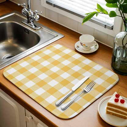 Dish Drying Mat Yellow Buffalo Check Plaid Drying Mats for Kitchen Counter Farmhouse Style Absorbent Microfiber Dish Drainer Quick Drying Coffee Mat with Hanging Loop, 18 x24 inch