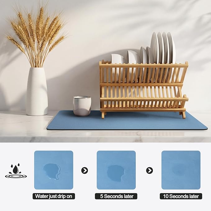 Ecotrim - Dish Drying Mat for Kitchen Counter | Coffee Bar Mat for Countertops | Heat Resistant Drainer Mat with Non-slip Rubber Backed | Hide Stain Kitchen Absorbent Draining Mat | Blue 18"x32"
