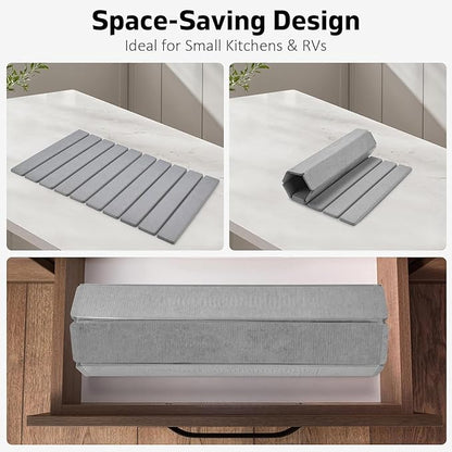 Large Stone Dish Drying Mat for Kitchen Counter, 24"(L)×16"(W), Collapsible Quick Dry Dish Drying Mat, Ultra Absorbent Diatomaceous Earth Mats for Dishes Bottles Cups, Match Any Countertop (Dark Grey)