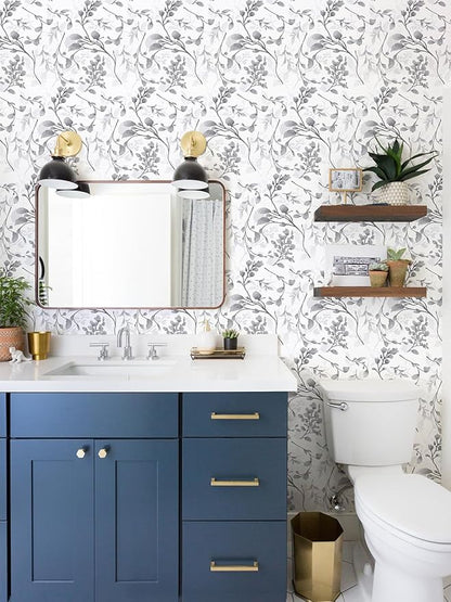 Orainege Gray Floral Wallpaper Peel and Stick Wallpaper 17.7 in ×118.1 in Self Adhesive Floral Contact Paper Waterproof Removable Wall Paper for Bedroom Bathroom Cabinets Decor