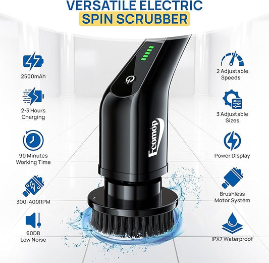 2025 Upgraded Electric Spin Scrubber – Shower Scrubber with Long Handle, Cordless Electric Cleaning Brush, 400 RPM Dual-Speed, IPX5 Waterproof, 90-Min Runtime, 8 Brush Heads for Powerful Cleaning