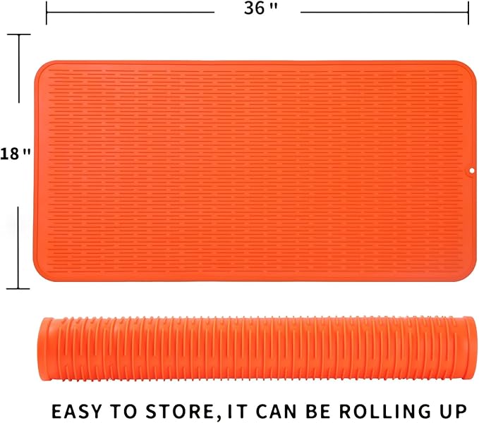 MicoYang Silicone Dish Drying Mat for Multiple Usage,Easy clean,Eco-friendly,Heat-resistant Silicone Mat for Kitchen Counter or Sink,Refrigerator or Drawer Liner Orange 5XL 36inches x 18inches