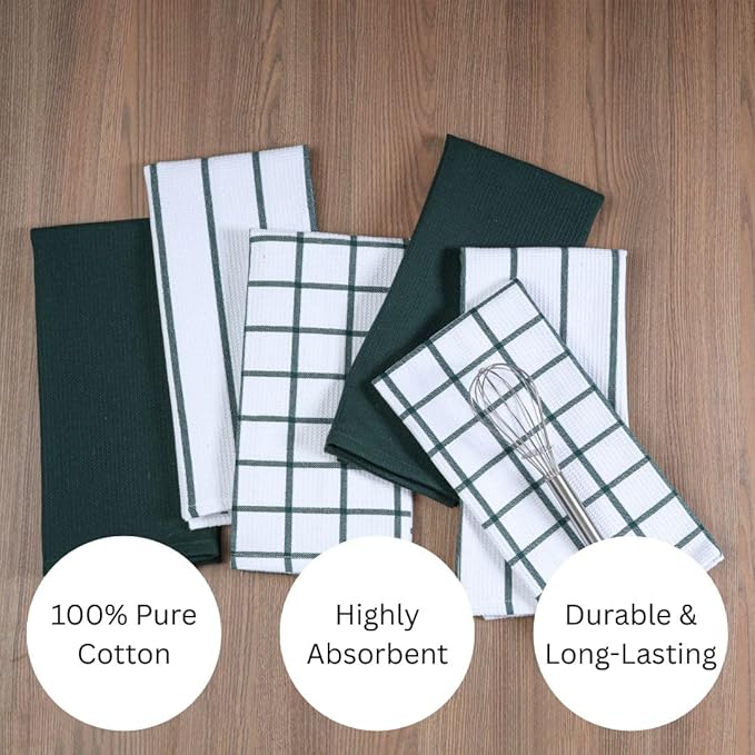 Assorted Waffle Kitchen Towels 100% Cotton Set of 6 - Heavy Duty 320 GSM Quality Dish Cloths Towel - Soft Absorbent Washable for Kitchen Use - Quick Drying Dish Towel 16x26 inch Green