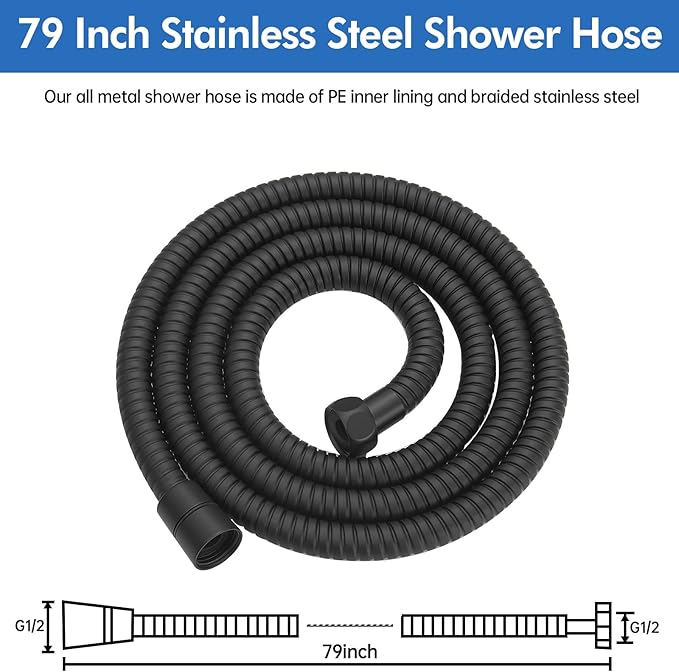 RUMOSE 79 inches Shower Hose Shower Head Extension Hose Extra Long Stainless Steel Shower Tube Attachment Flexible Handheld Shower Sprayer Hose, Matte Black