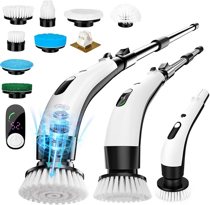PUNOMO Electric Spin Scrubber, Cordless Bathroom Cleaning Brush with 8 Replaceable Heads & Adjustable Handle, IPX7 Waterproof Shower Scrubber with LCD Display, 2 Speeds for Bathtub, Floor, Tile